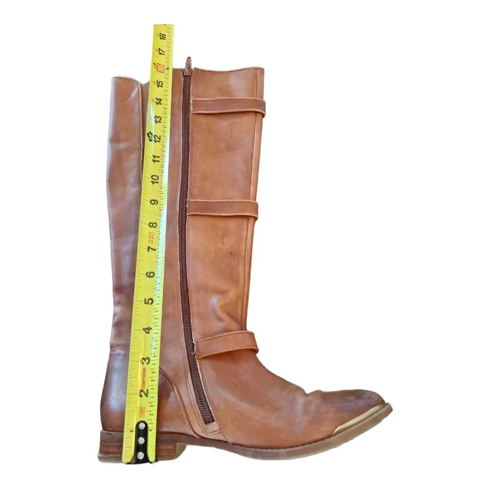 Gianni Bini Leather Knee High Riding Boots Cognac Brown Gold Buckles women's 6M